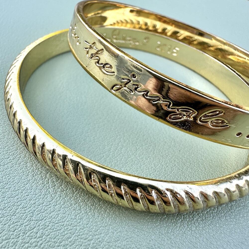 Lilly Pulitzer Gold Tone Jungle Quote Elephant Bangle Ribbed Bracelet Stack